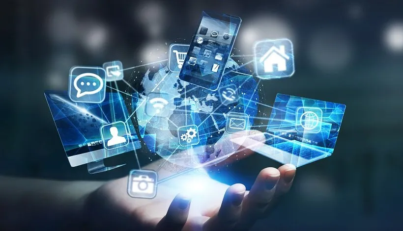 Tech devices and icons connected to digital planet earth