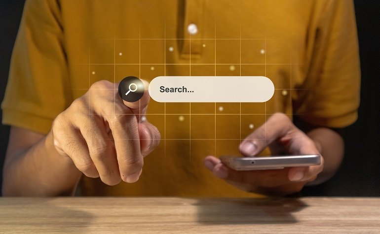 Man using a smartphone to searching for information. Search engi