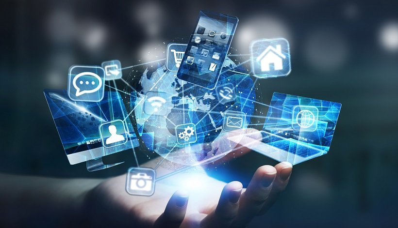Tech devices and icons connected to digital planet earth